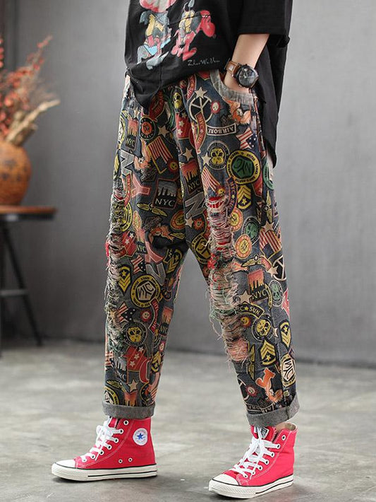 Printed Mess Style Hole-with Loose Pants