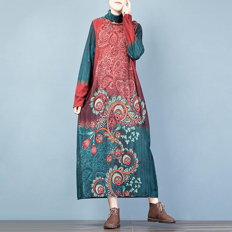 Buykud Printed Flocking Fashion Turtleneck Elegant Dress