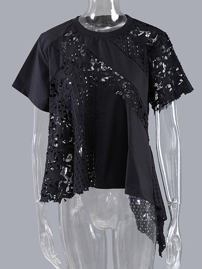 Irregular Hollow Lace Solid Color Round-Neck Short Sleeves T-Shirt Tops