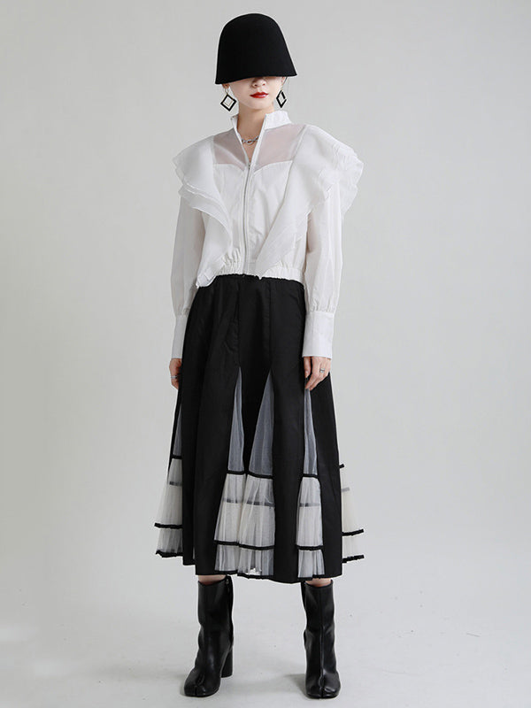 Stylish Solid Color Split-Joint Mesh Falbala Zipper Stand Collar Long Sleeves Outwear