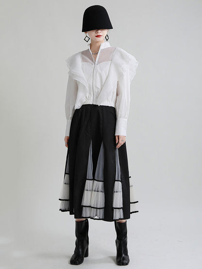 Stylish Solid Color Split-Joint Mesh Falbala Zipper Stand Collar Long Sleeves Outwear