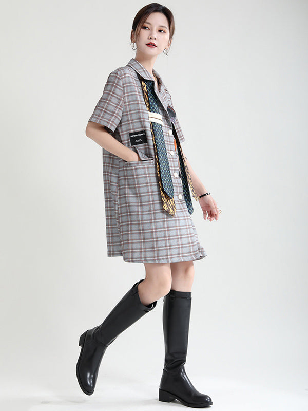 Urban Asymmetric Plaid Double Breasted Notched Collar Short Sleeves Mini Dress