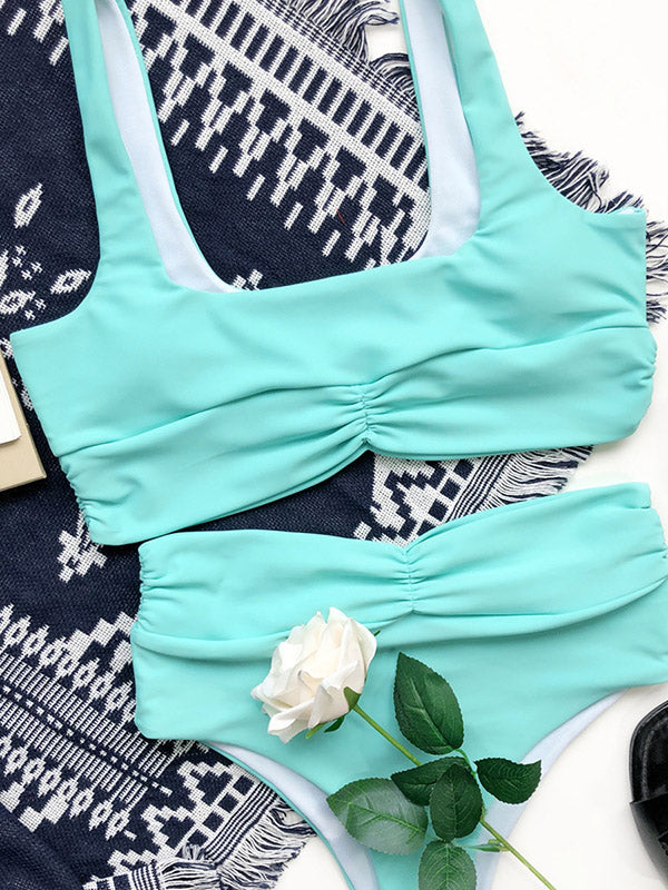 Solid Color Ruffled High-Waisted Bikini Swimwear