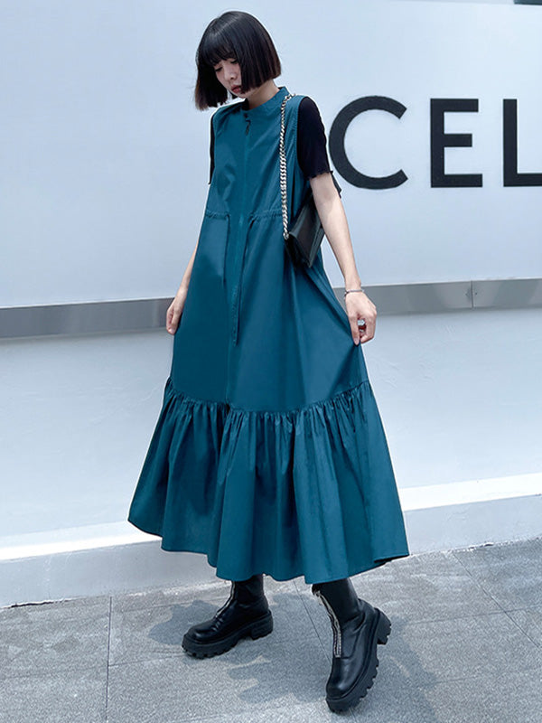 Simple Zipper Pleated Stand Collar A-Line Sleeveless Midi Dress