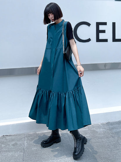 Simple Zipper Pleated Stand Collar A-Line Sleeveless Midi Dress