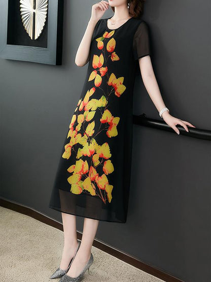Chiffon Loose Leaves Print Dress