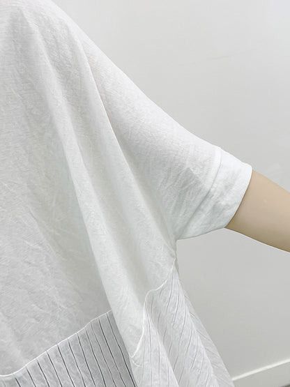 Stylish Cropped Split-Joint Striped Batwing Sleeves Split-Side T-Shirt