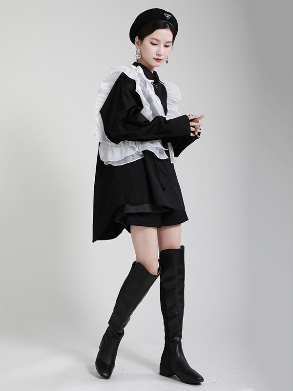 Stylish Irregular Contrast Color Split-Joint Falbala Mesh Drawstring Buttoned Lapel Collar Long Sleeves Blouse