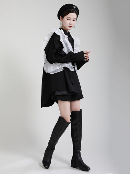 Stylish Irregular Contrast Color Split-Joint Falbala Mesh Drawstring Buttoned Lapel Collar Long Sleeves Blouse