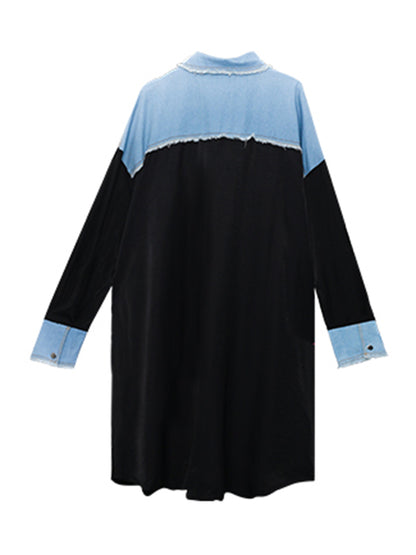 Original Stylish Loose Denim Split-Joint With Pocket Buttoned Lapel Collar Long Sleeves Midi Shirt Dress