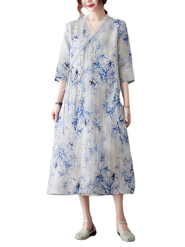 Artistic Retro Loose Floral Printed Tied V-Neck Midi Dress