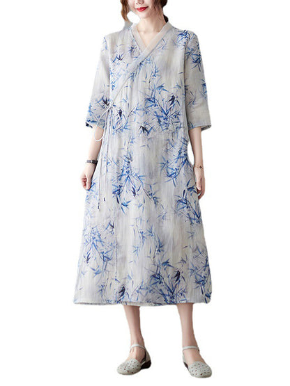Artistic Retro Loose Floral Printed Tied V-Neck Midi Dress