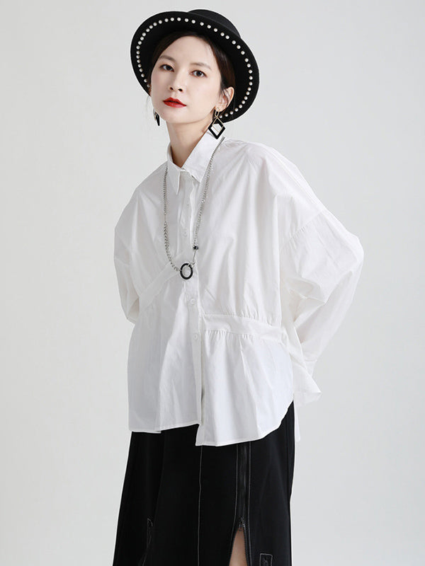 Original Irregular Solid Color Split-Joint Pleated Buttoned Lapel Collar Long Sleeves Blouse