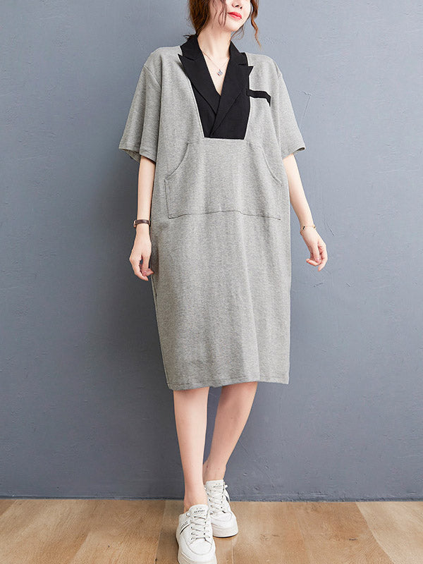 Urban Notched Collar Split-Joint Midi Dress