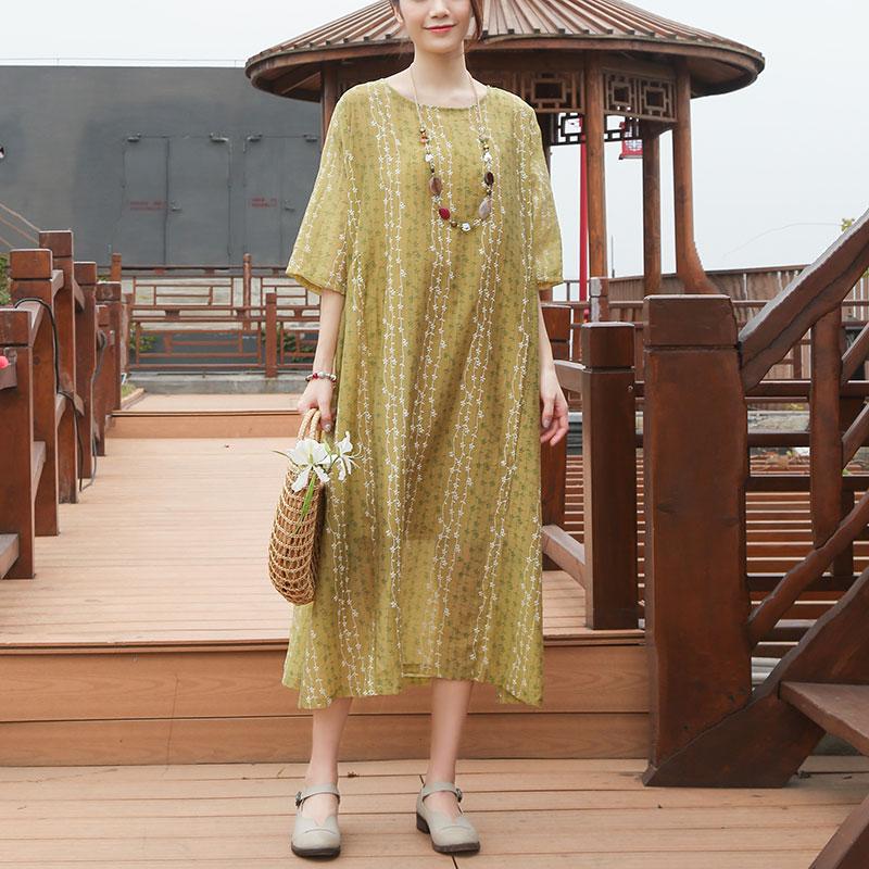 Loose Round Neck Half Sleeve Casual Yellow Dress