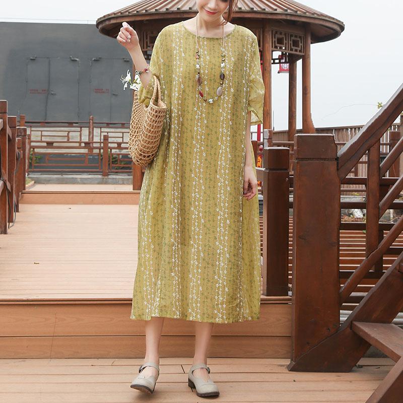 Loose Round Neck Half Sleeve Casual Yellow Dress