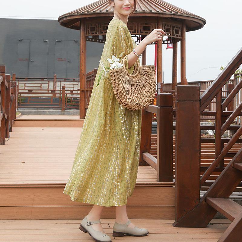 Loose Round Neck Half Sleeve Casual Yellow Dress