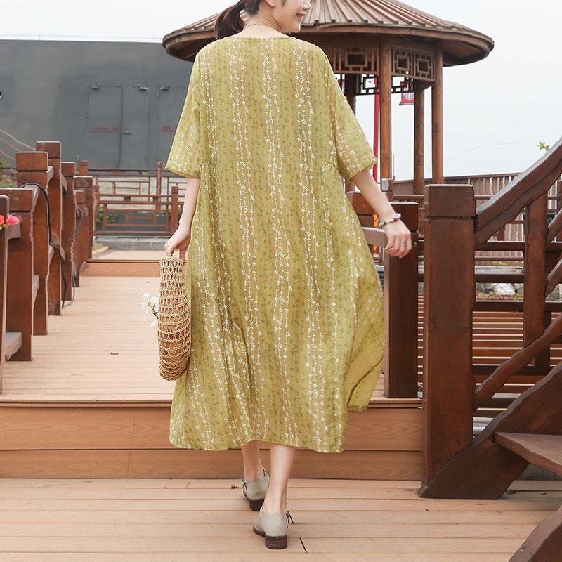 Loose Round Neck Half Sleeve Casual Yellow Dress