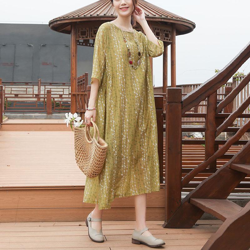 Loose Round Neck Half Sleeve Casual Yellow Dress