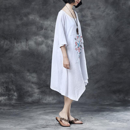 Loose Round Neck Embroidered Irregular Cotton Dress