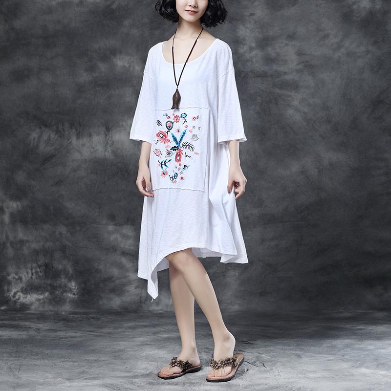 Loose Round Neck Embroidered Irregular Cotton Dress