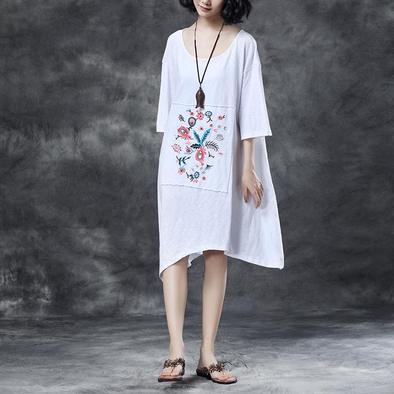 Loose Round Neck Embroidered Irregular Cotton Dress