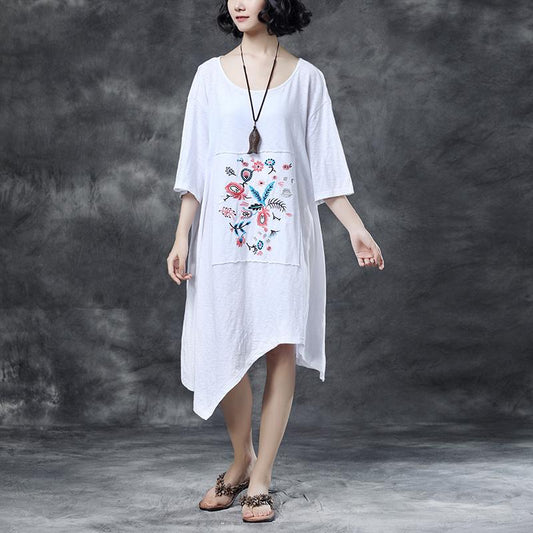Loose Round Neck Embroidered Irregular Cotton Dress