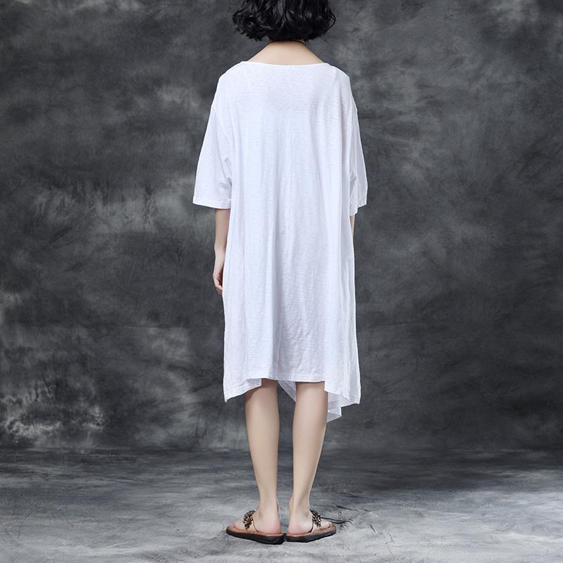 Loose Round Neck Embroidered Irregular Cotton Dress