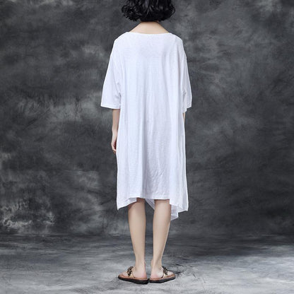 Loose Round Neck Embroidered Irregular Cotton Dress