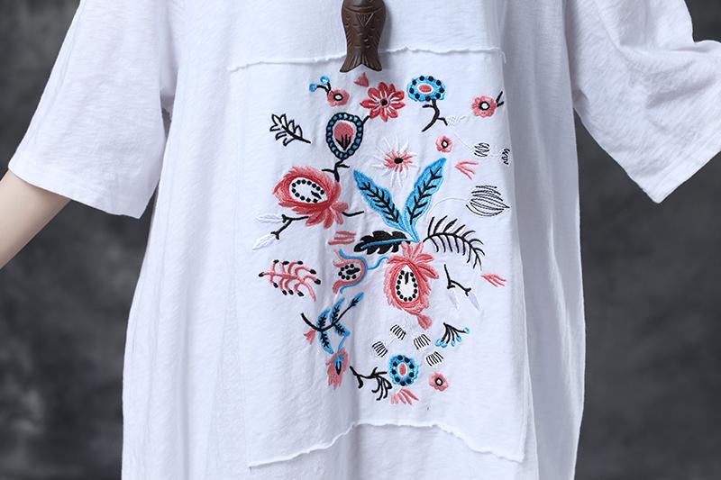 Loose Round Neck Embroidered Irregular Cotton Dress