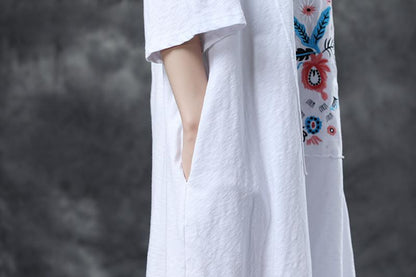 Loose Round Neck Embroidered Irregular Cotton Dress