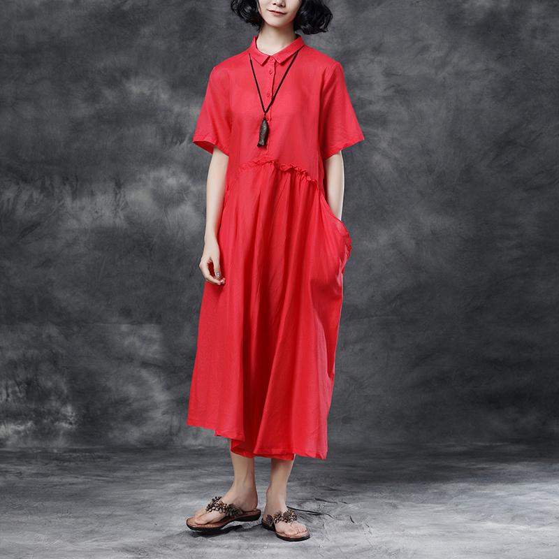 Summer Short Sleeve Polo Neck Red Casual Dress