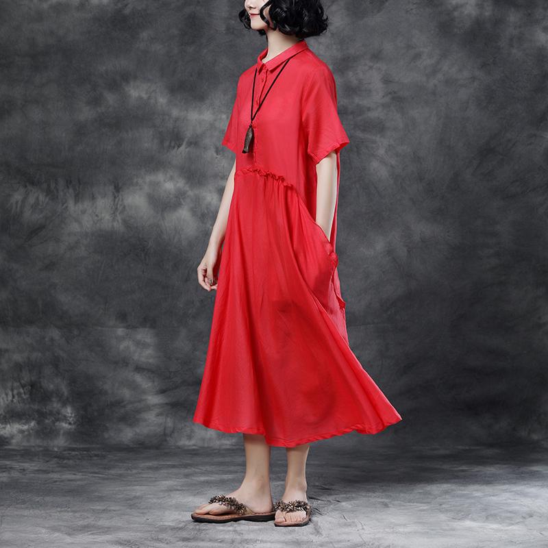 Summer Short Sleeve Polo Neck Red Casual Dress