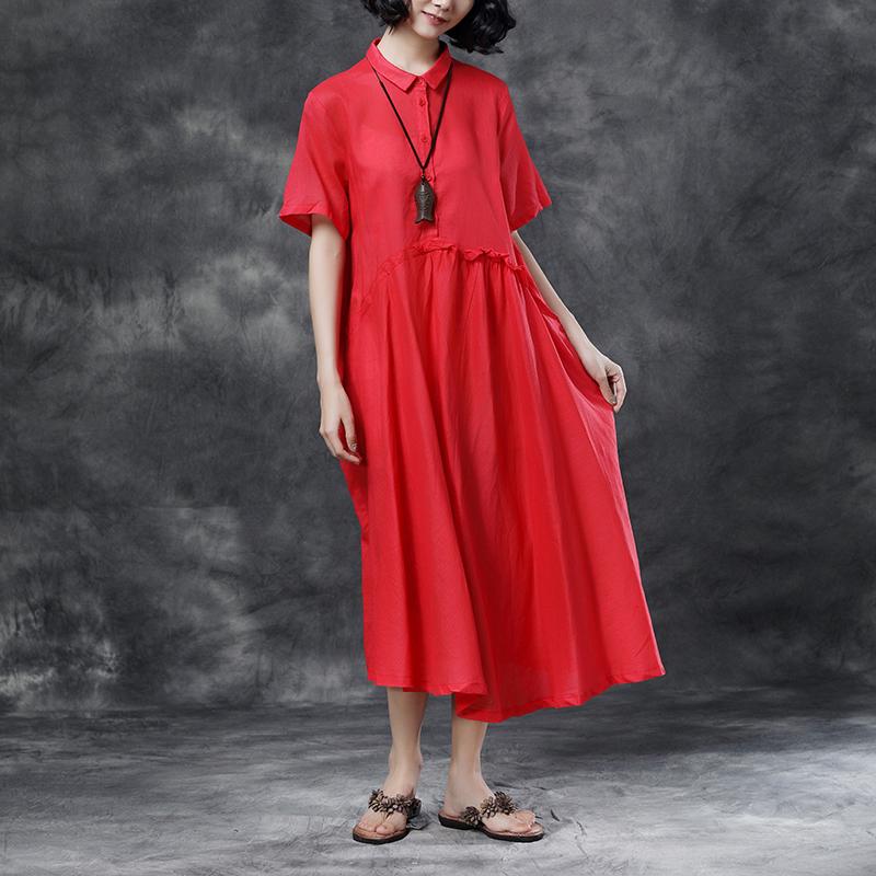 Summer Short Sleeve Polo Neck Red Casual Dress