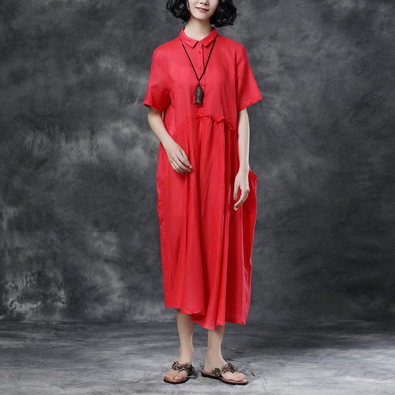 Summer Short Sleeve Polo Neck Red Casual Dress