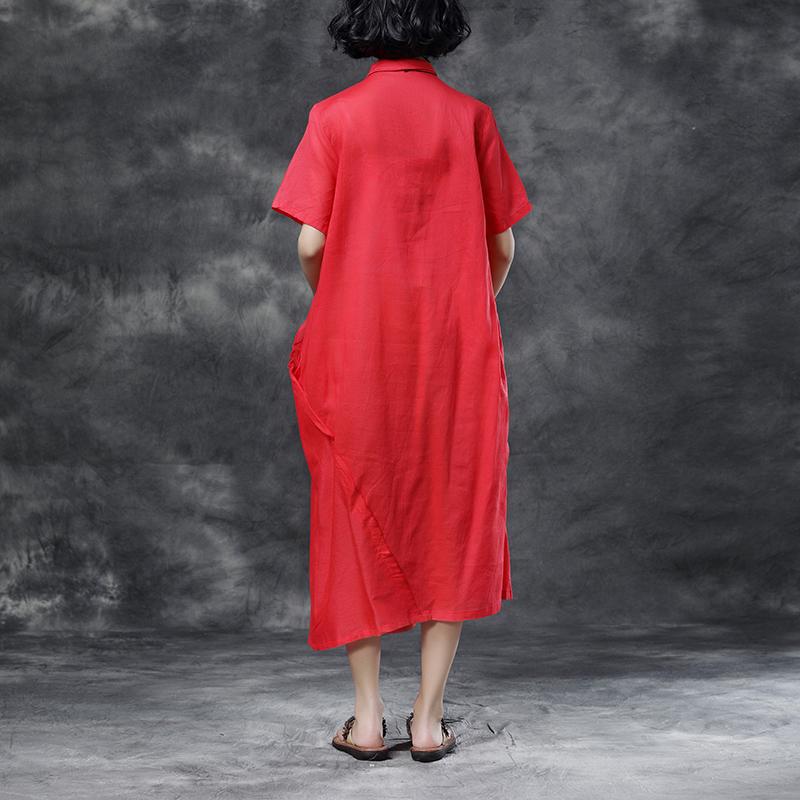 Summer Short Sleeve Polo Neck Red Casual Dress