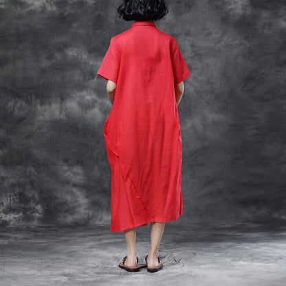 Summer Short Sleeve Polo Neck Red Casual Dress