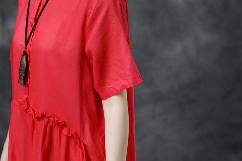 Summer Short Sleeve Polo Neck Red Casual Dress