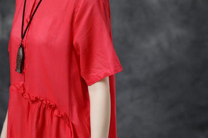 Summer Short Sleeve Polo Neck Red Casual Dress