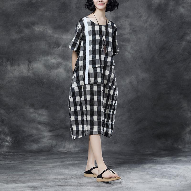 Summer Short Sleeve Plaid Casual Pockets Dress