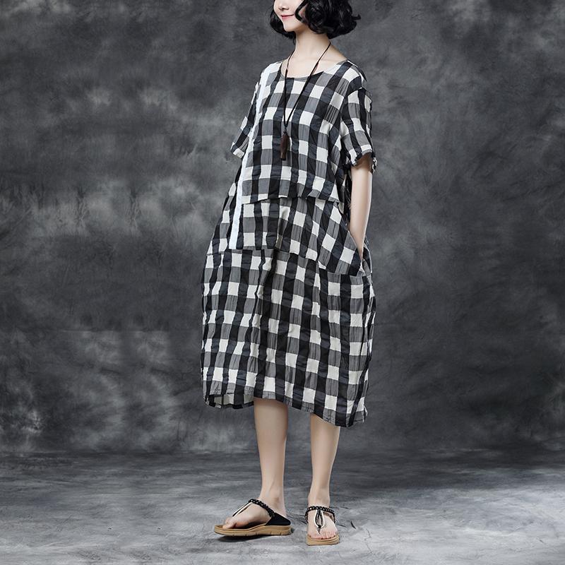Summer Short Sleeve Plaid Casual Pockets Dress