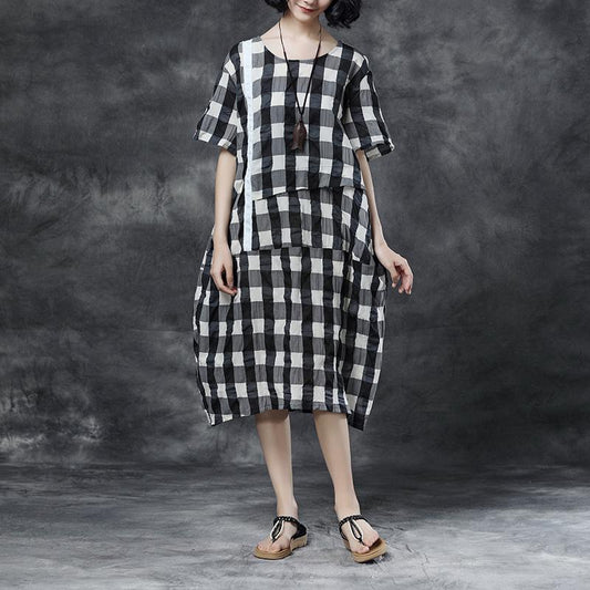 Summer Short Sleeve Plaid Casual Pockets Dress