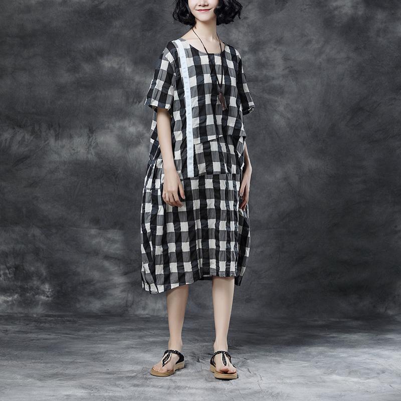 Summer Short Sleeve Plaid Casual Pockets Dress