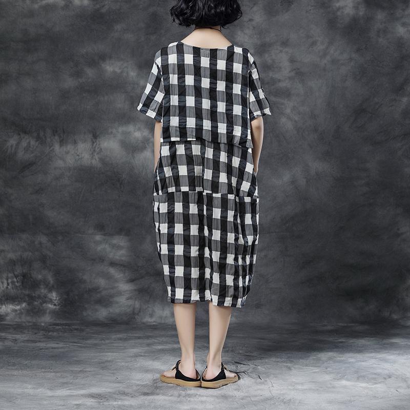 Summer Short Sleeve Plaid Casual Pockets Dress