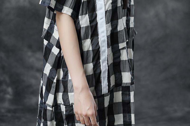 Summer Short Sleeve Plaid Casual Pockets Dress