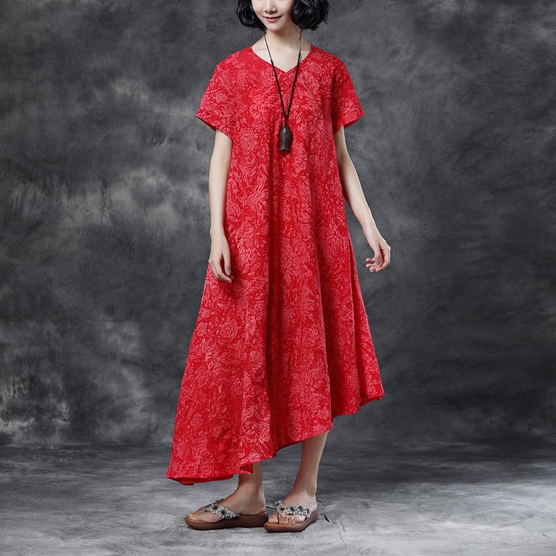 Summer Casual High-low Hem Short Sleeve Red Dress