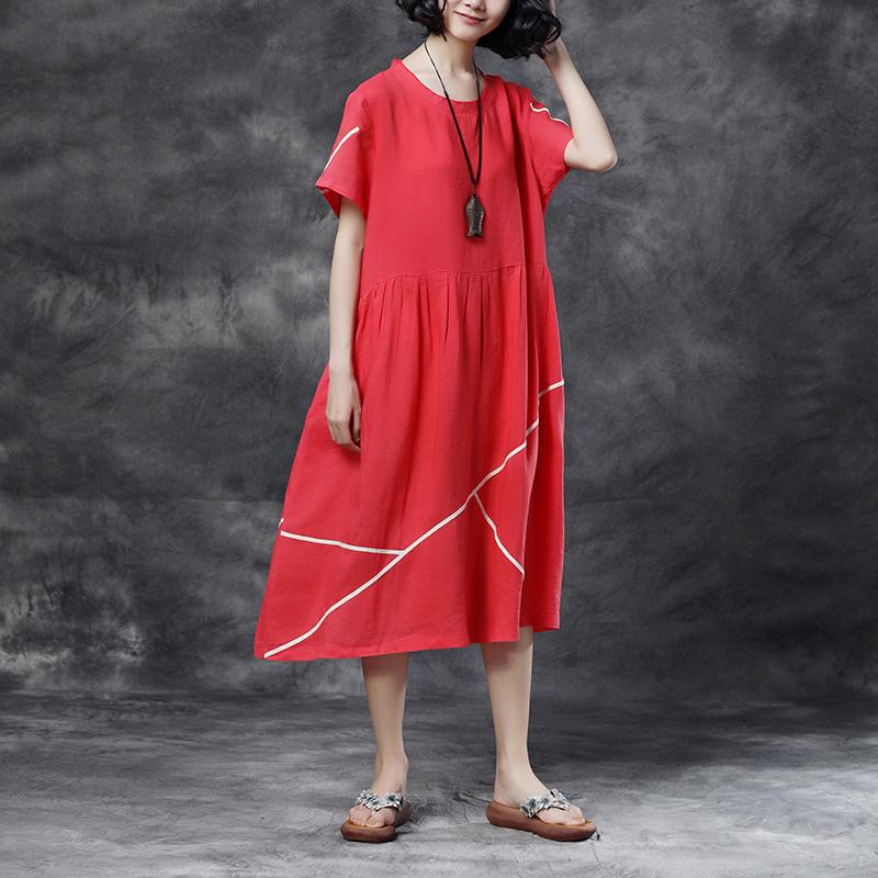 Summer Short Sleeve Pockets Red Casual Cotton Dress