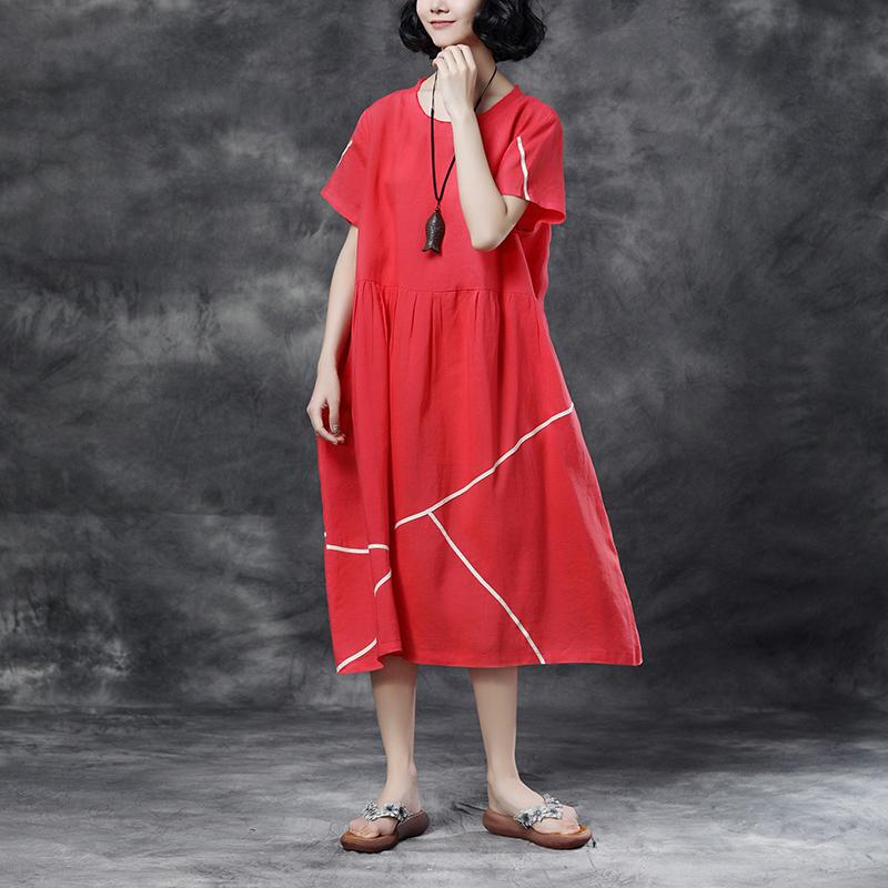 Summer Short Sleeve Pockets Red Casual Cotton Dress