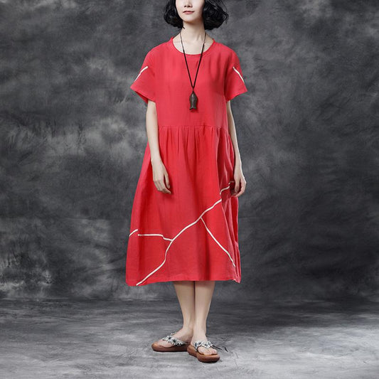 Summer Short Sleeve Pockets Red Casual Cotton Dress