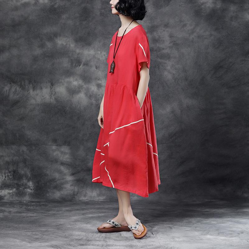 Summer Short Sleeve Pockets Red Casual Cotton Dress